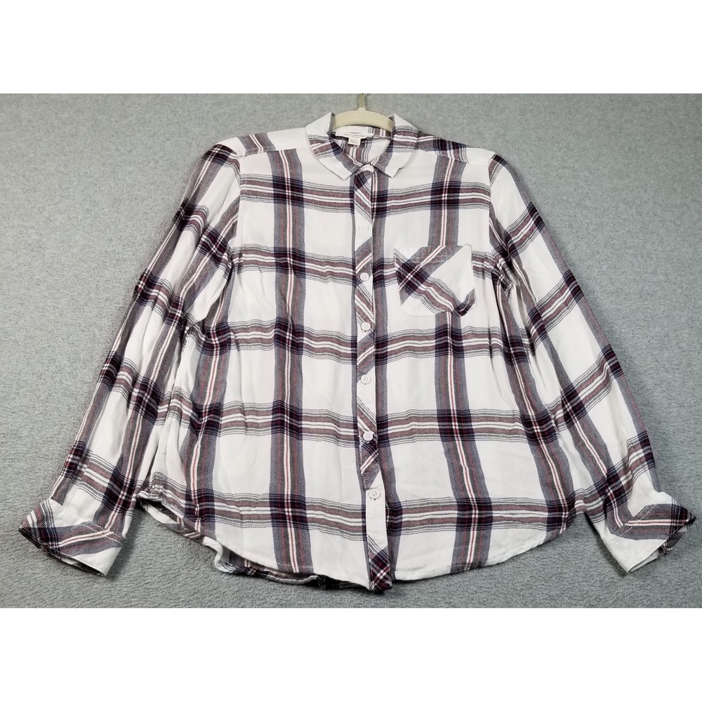 Beachlunchlounge Button Up Shirt Women S Small White Red Blue Plaid Long Sleeves